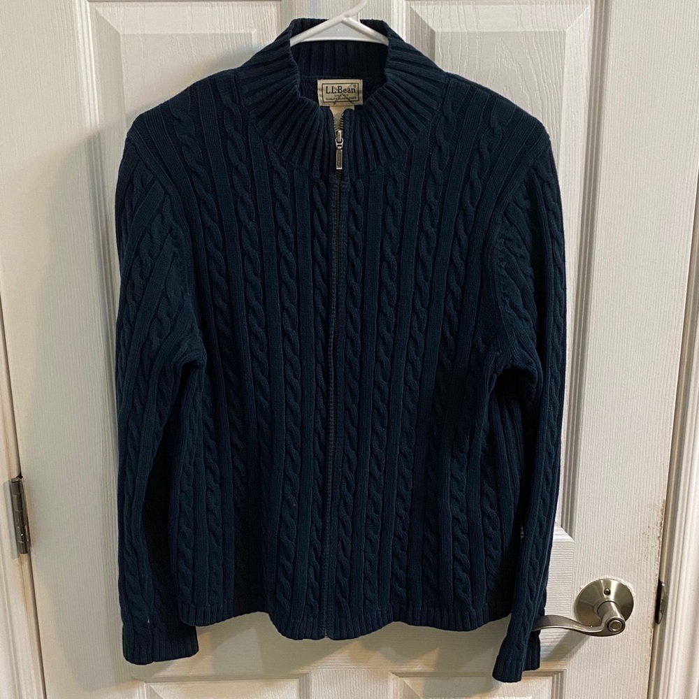 L.L. Bean Navy Cotton Cable Knit Full Zip Women’s Sweater Size Medium Cabincore